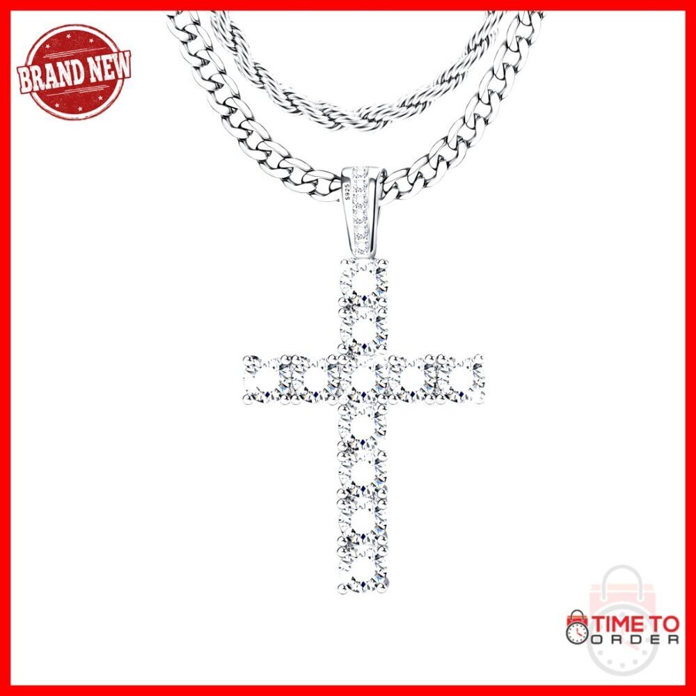 Sterling Silver Cross Necklace with CZ Pendant, Cuban & Rope Chains, 16-30